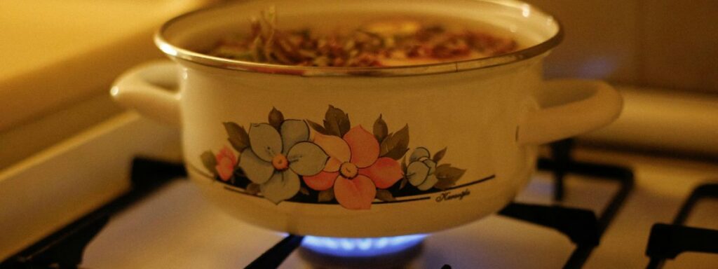 Simmer pot on stovetop with herbs and hot water