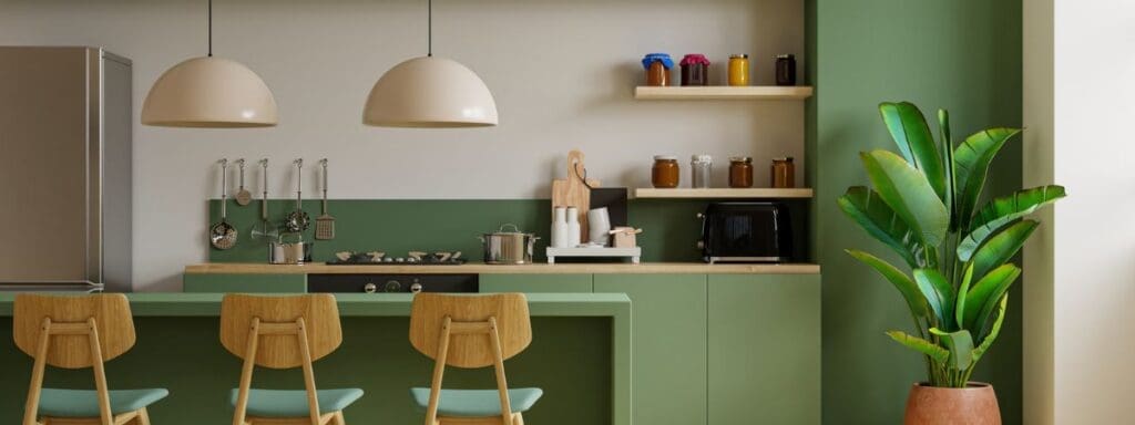 Green modern kitchen showing professional house cleaning