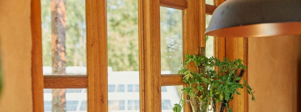 Close up of a modern, wooden window with a plant and black light fixture