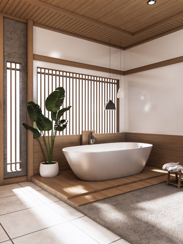 Empty Bathroom with large white bathtub